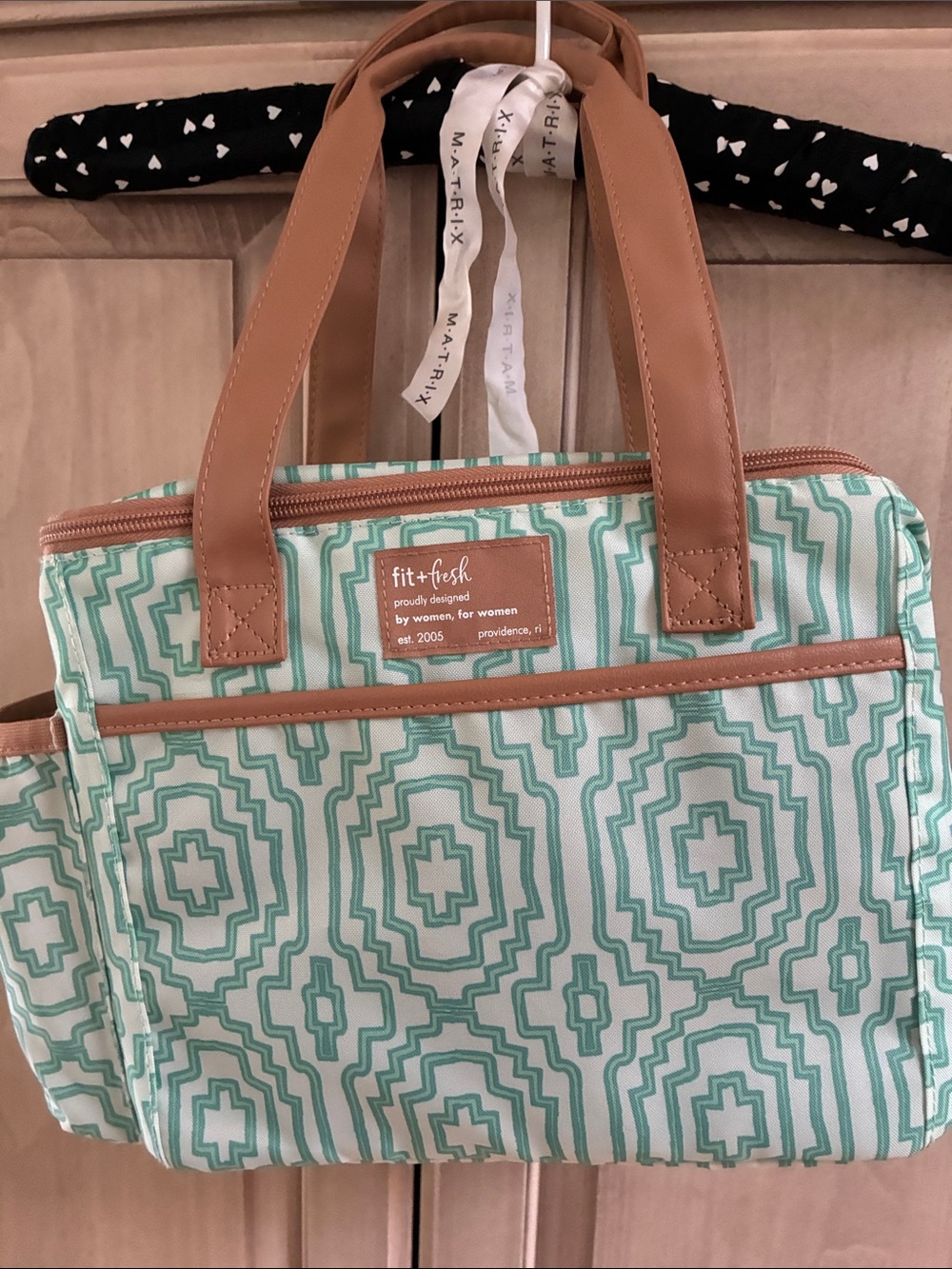 fit + fresh Mint Geo Print Satchel with Tan Handles insulated lunch bag